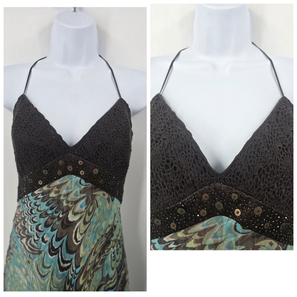 Laundry Shelli Segal Vintage Y2K Halter Maxi Dress Silk Beaded Crochet Boho 10 - Picture 13 of 14
